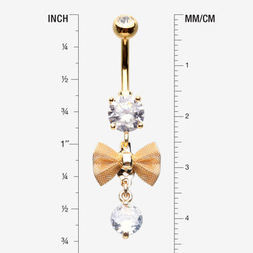 Detail View 1 of Golden Dainty Bow-Tie Prong Gem Sparkle Belly Button Ring-Clear Gem